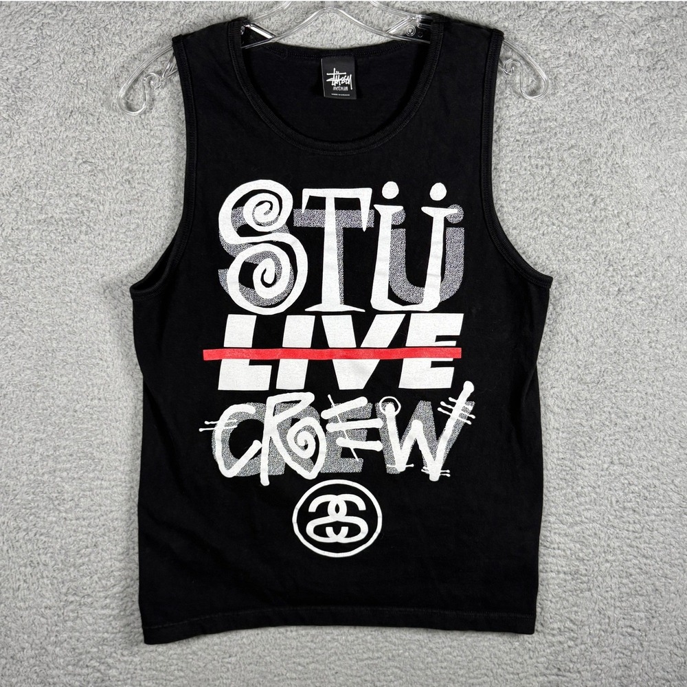 Y2K Stussy Mens Live Crew Graphic‎ Tank Top Black Sleeveless Shirt Medium 2000s